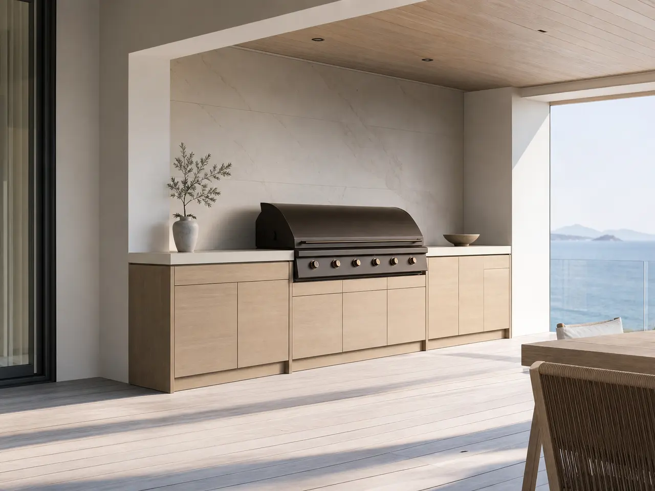 Fadior Vantage Outdoor Kitchen Suite with Cafe Bronze Grill Workwall - 304 stainless steel outdoor kitchen cabinetry with grill, sink, prep counter, weather-ready storage, and open-air use