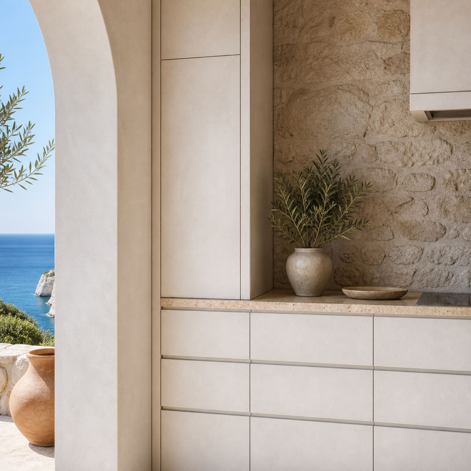 Fadior Terrena Kitchen Suite with Travertine Appliance Alcove — close-up of stainless steel finish and hardware detail