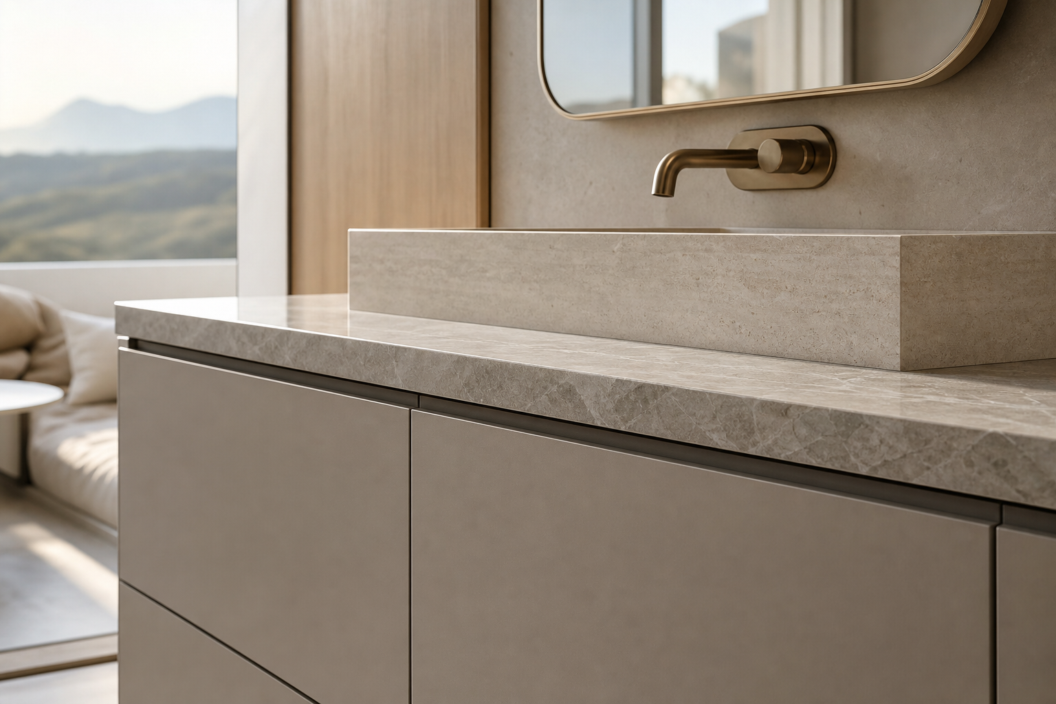 Fadior Solstice Bath and Vanity Suite with Quartzite Steam Basin Console — close-up of stainless steel finish and hardware