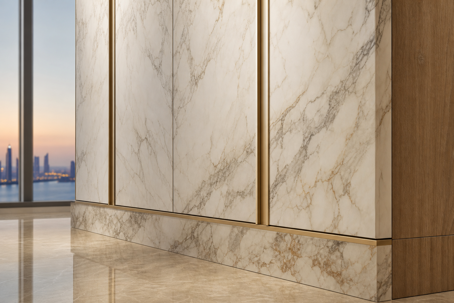 Fadior Canopy Marble Plinth Wardrobe Wall — close-up of stainless steel finish and hardware detail