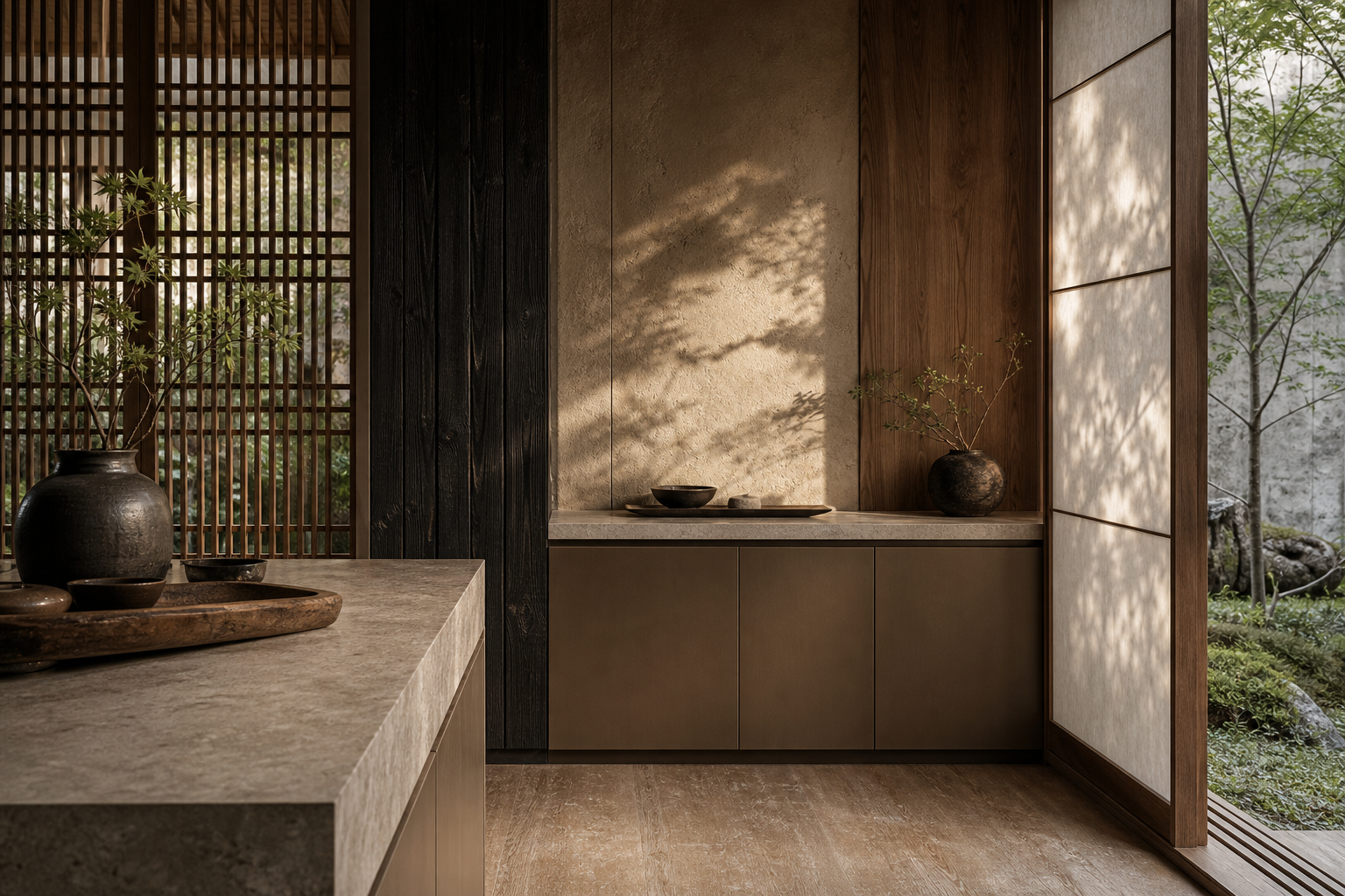 Fadior Shanghai Garden Courtyard Villa — Shanghai material study with travertine counter, cabinet face, clay wall,