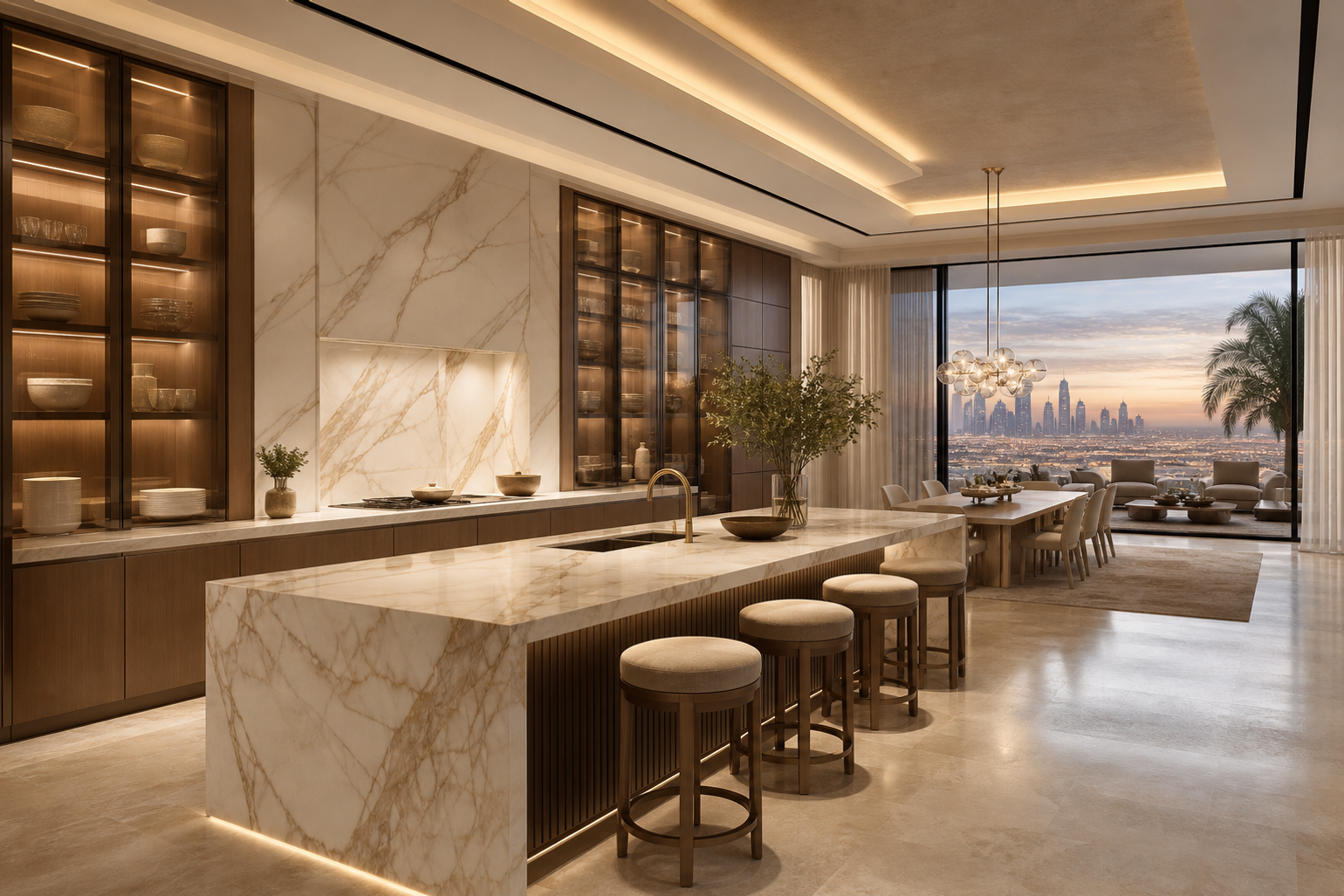 Lifestyle kitchen context with dining connection, hidden storage, and a generous island for family hosting.