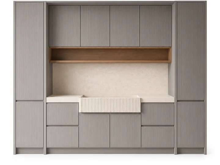 Fadior Meridian Kitchen Suite with Fluted Limestone Rinse Bar — 304 stainless steel kitchen system, front view