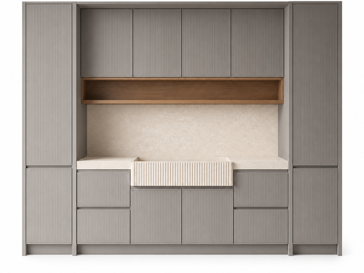 Fadior Meridian Kitchen Suite with Fluted Limestone Rinse Bar — 304 stainless steel kitchen system, front view