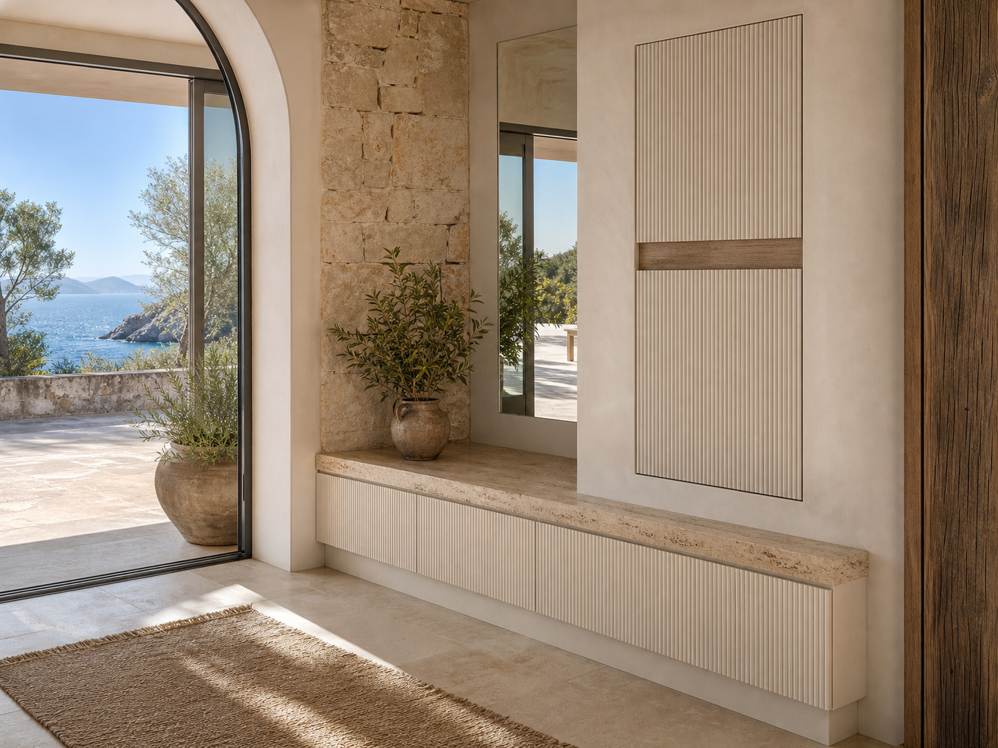 Fadior Loggia Entryway Suite with Reeded Parcel Valet — interior room context showing cabinet integration