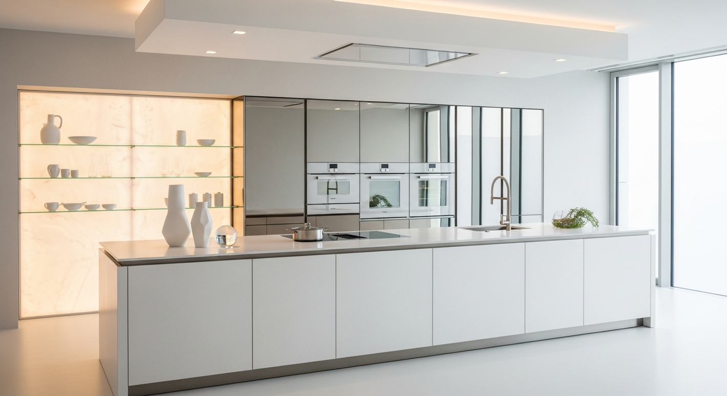 Luxury living room cabinetry in stainless steel with concealed storage