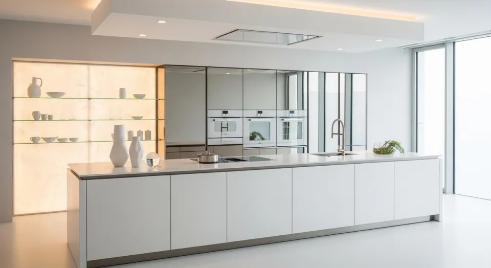 Luxury living room cabinetry in stainless steel with concealed storage