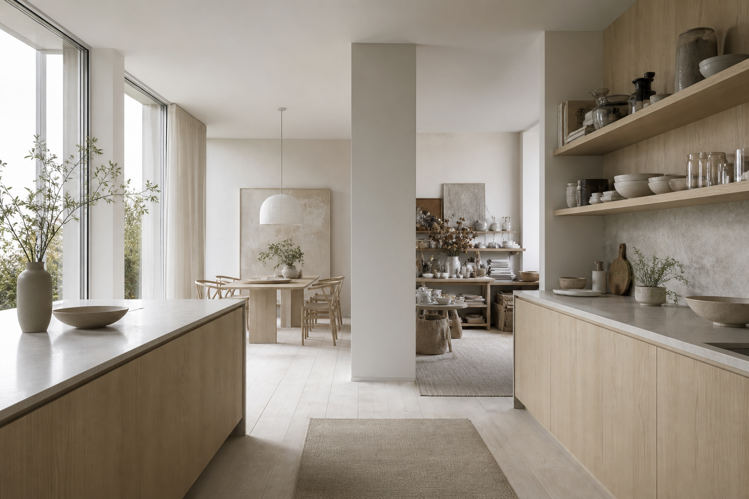 Kitchen decision comparison with blond ash cabinetry and open surfaces weighing calm against clutter.