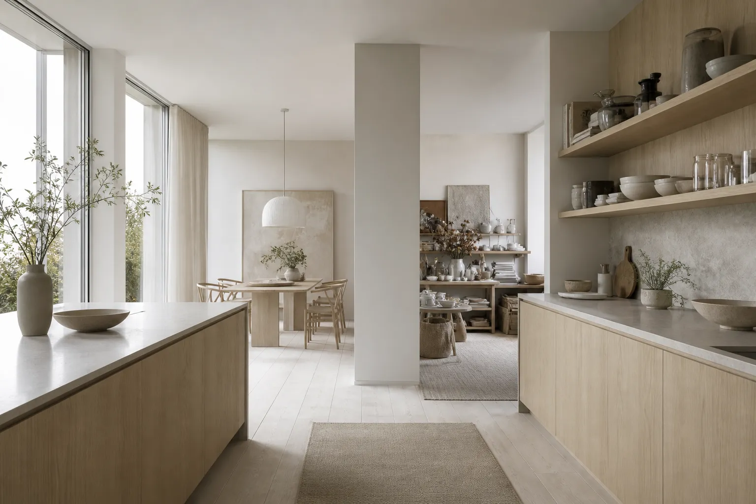 Kitchen decision comparison with blond ash cabinetry and open surfaces weighing calm against clutter.