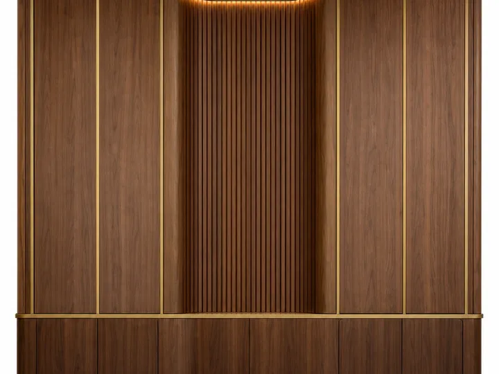 Fadior Terrazzo Wall Panel Suite with Tambour Acoustic Cove — 304 stainless steel wall panel system, front view