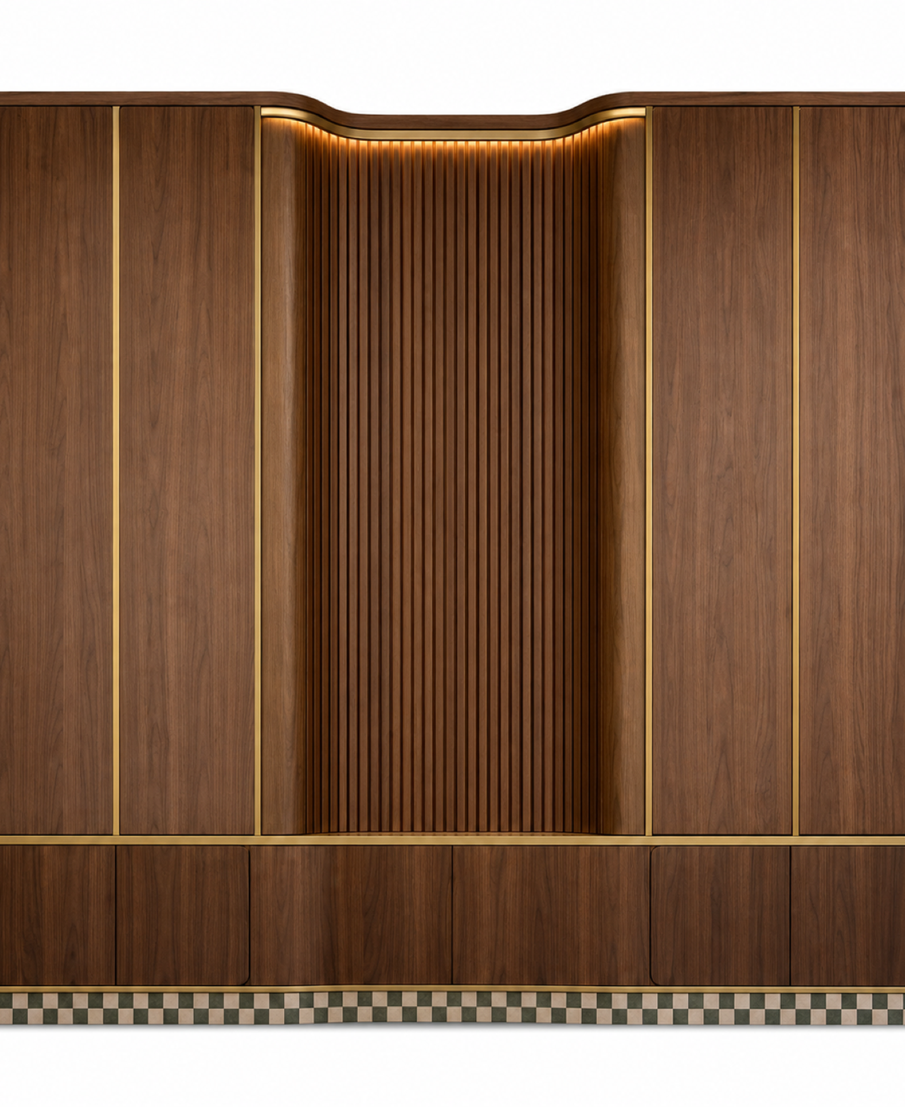 Fadior Terrazzo Wall Panel Suite with Tambour Acoustic Cove — 304 stainless steel wall panel system, front view