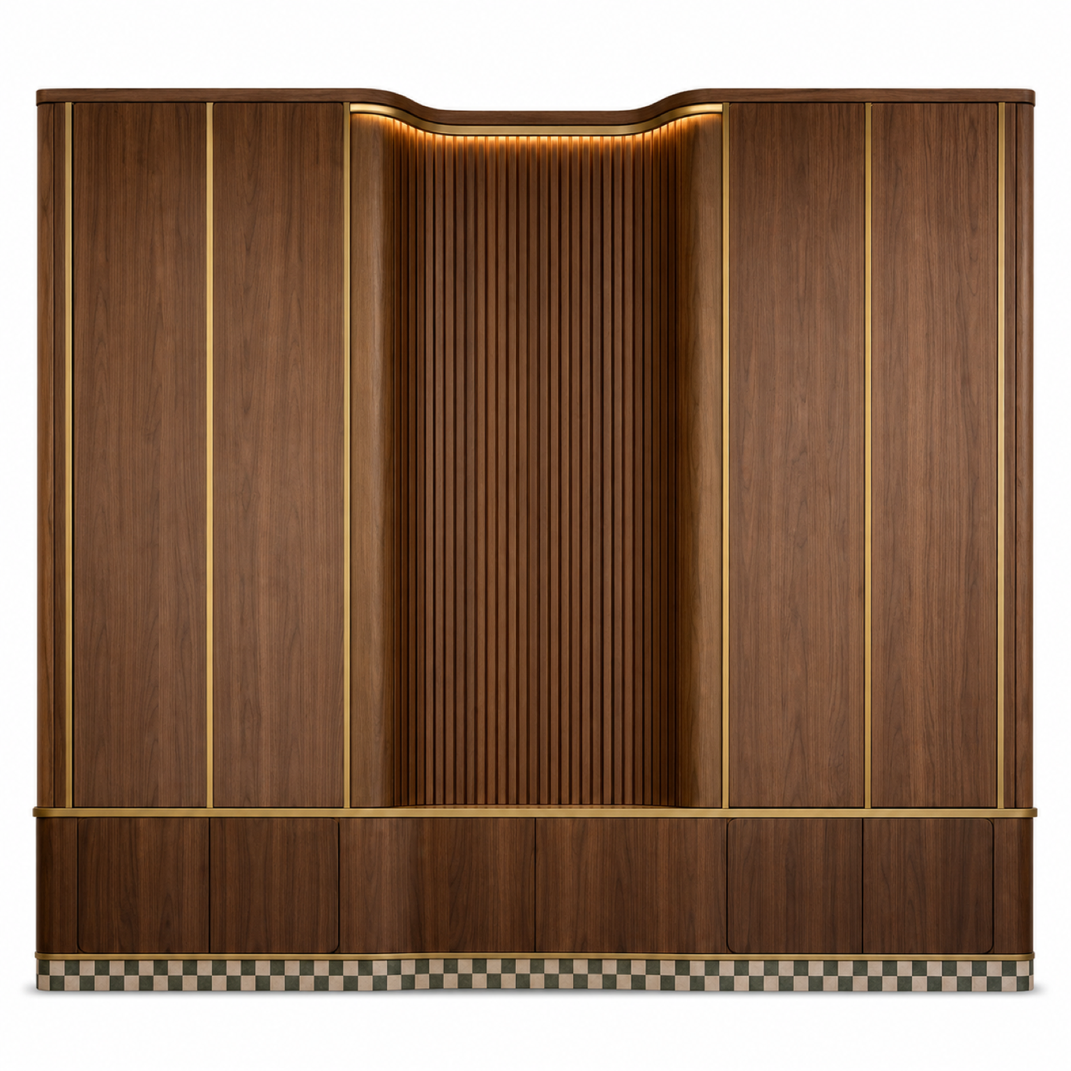 Fadior Terrazzo Wall Panel Suite with Tambour Acoustic Cove — 304 stainless steel wall panel system, front view