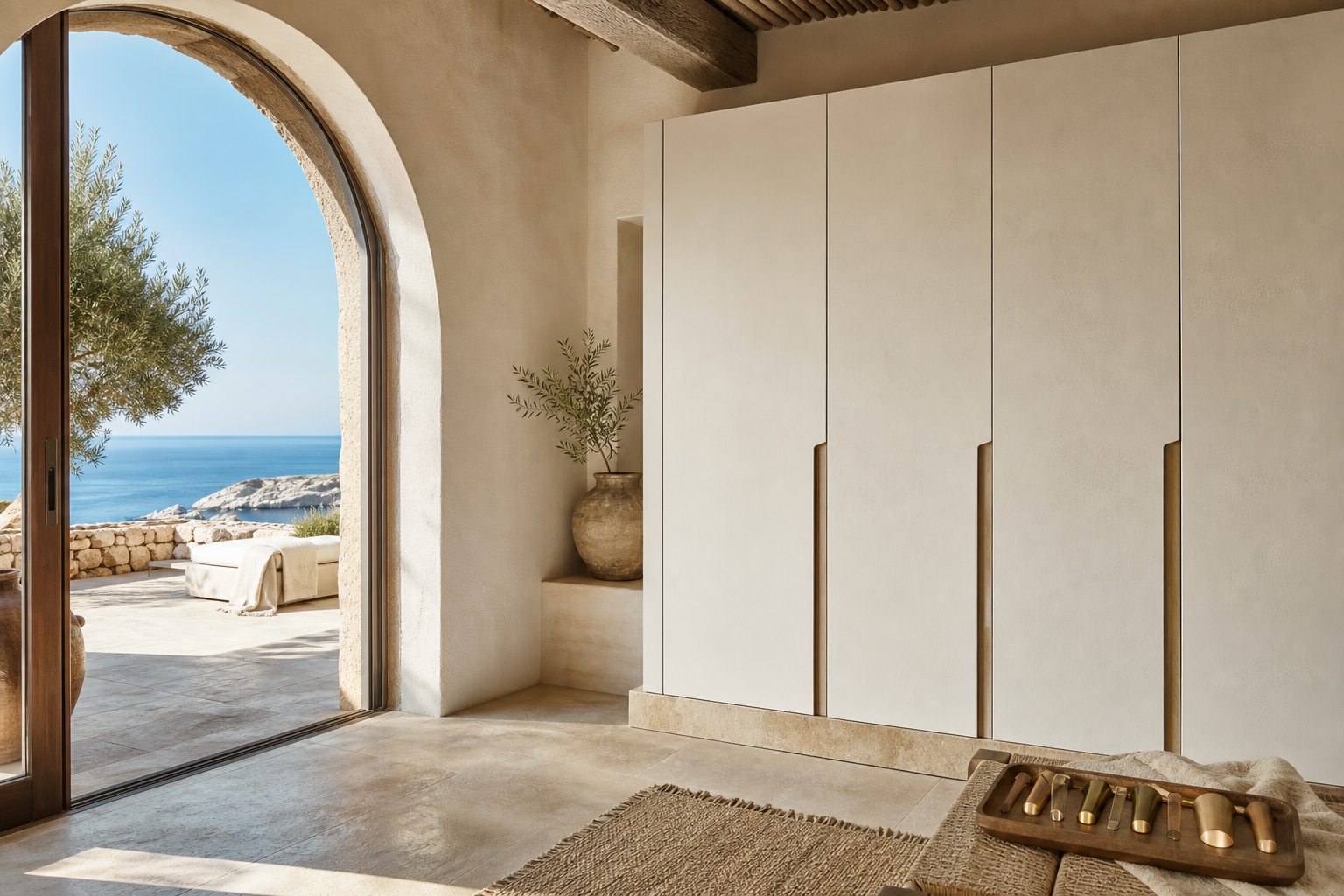 Fadior Onyx Wardrobe Suite with Brass Finish Valet Wall — lifestyle setting with natural light and residential styling