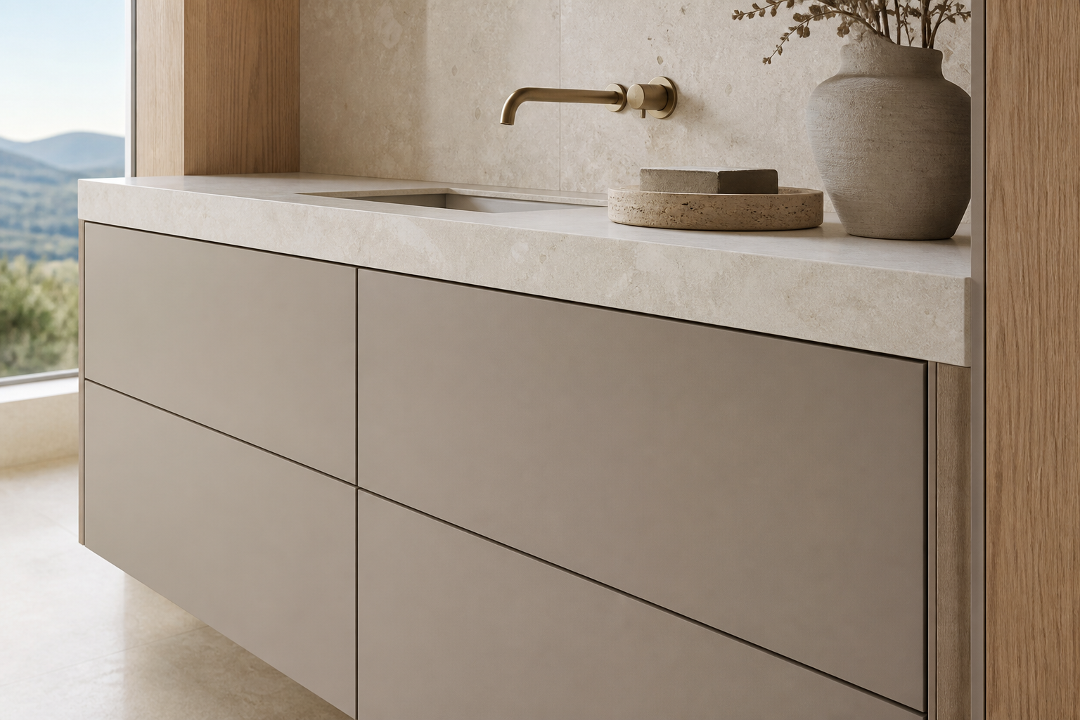 Fadior Verve Bath and Vanity Suite with Limewash Double Basin Alcove — close-up of stainless steel finish and hardware detail