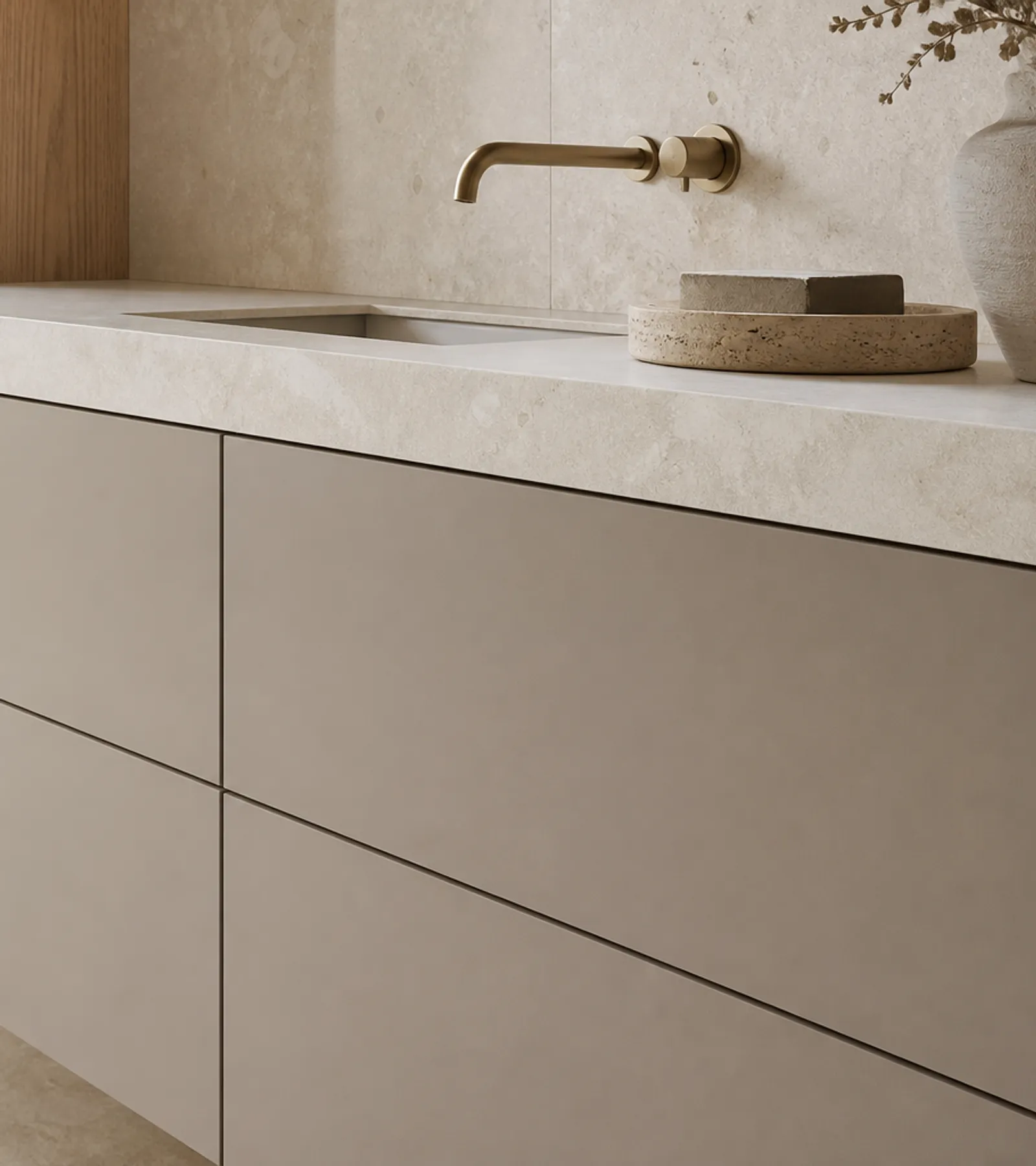 Suite de Baño y Tocador Verve con Doble Lavabo en Hornacina Limewash acabado y detalle