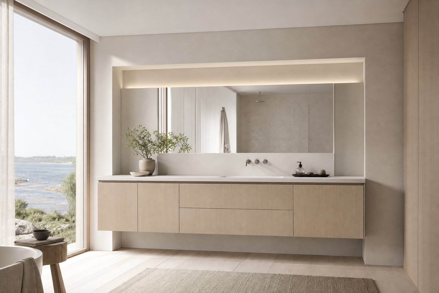 Fadior Voyage Bath Suite with Specifier Ready Wash Wall - waterproof 304 stainless steel bath vanity with mirror storage, moisture-resistant finishes, and grooming storage