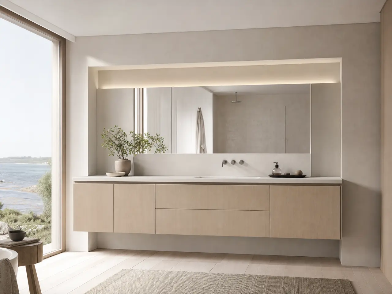 Fadior Voyage Bath Suite with Specifier Ready Wash Wall - waterproof 304 stainless steel bath vanity with mirror storage, moisture-resistant finishes, and grooming storage