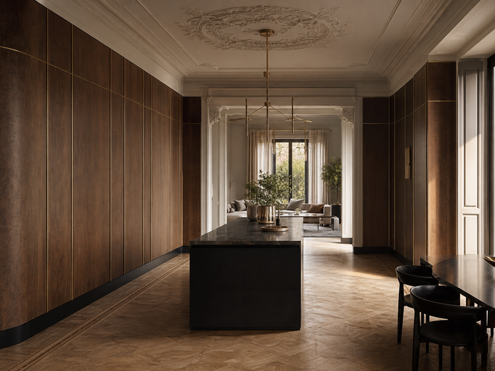 Fadior Terrazzo Wall Panel Suite with Hettich Silent Service Datum — 304 stainless steel wall panel system, front view