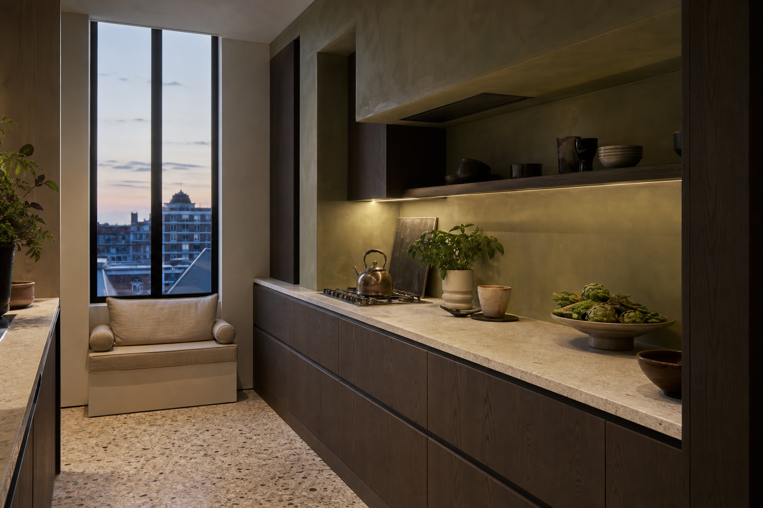 Fadior London 80 sqm Kitchen Penthouse — Fadior London kitchen workspace — oak cabinet, stone counter, terrazzo floor,