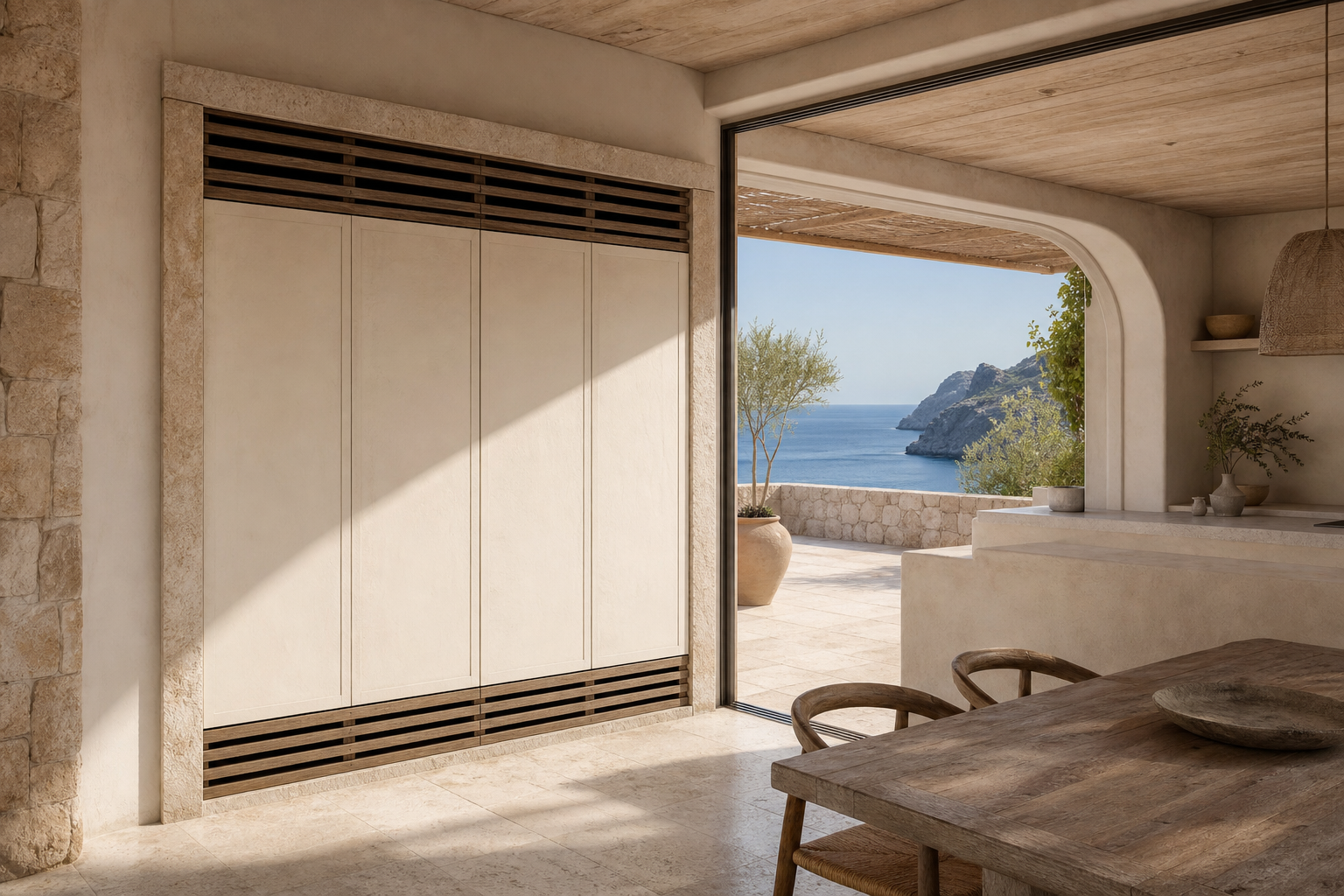 Fadior Gloria Wine Cabinet Suite with Quiet Pivot Tasting Ledger — interior room context showing cabinet integration