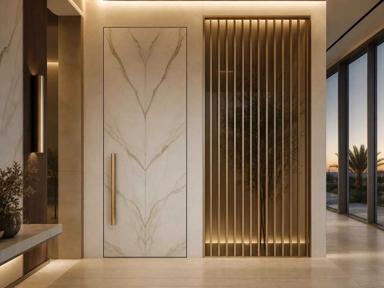 Fadior Silhouette Interior Door Suite with Fluted Shadow Passage Screen - full-height stainless steel interior door with concealed frame, quiet hardware, and matching wall panel continuity