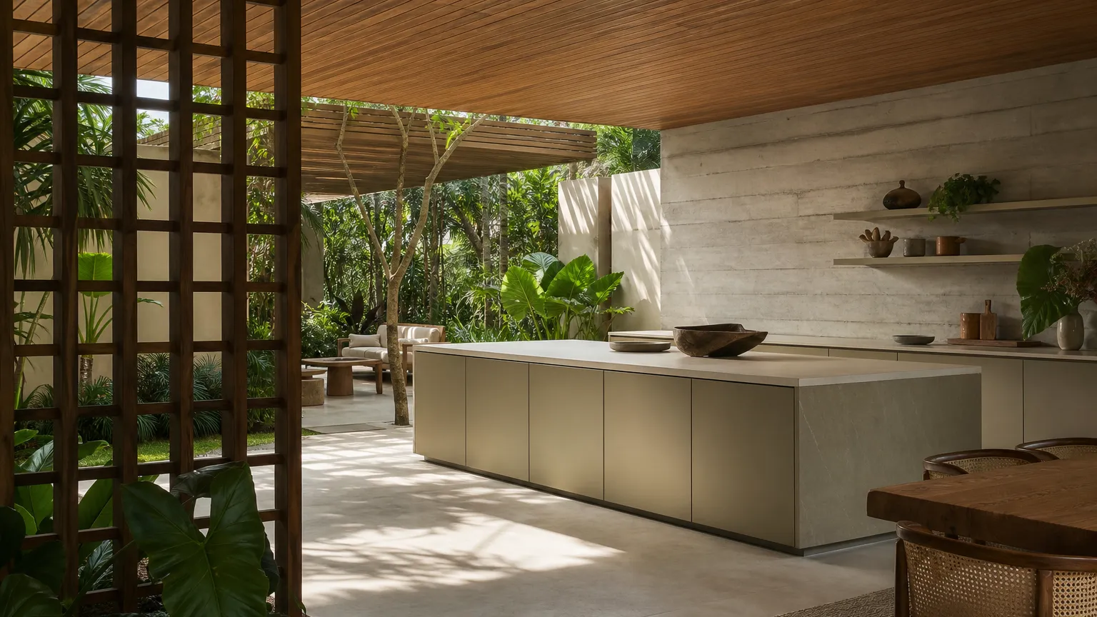 Kitchen atmosphere with champagne cabinetry and tropical courtyard showing colored surface luxury.