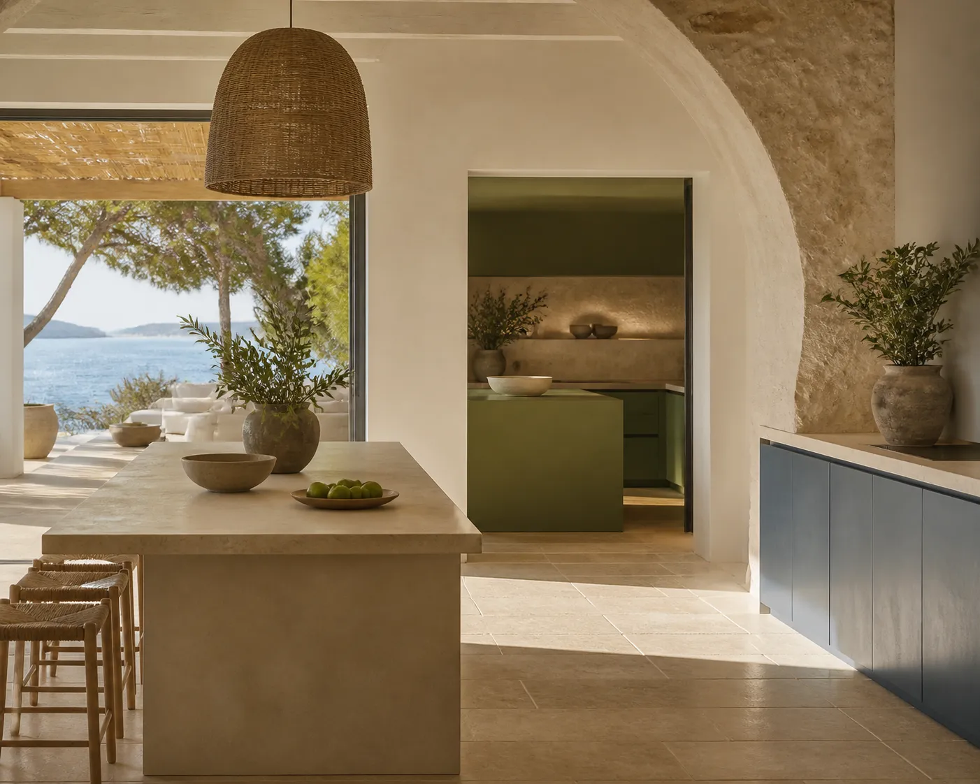 UAE kitchen with chalk-white cabinetry and terrace light, illustrating a residential decision comparison through atmosphere.