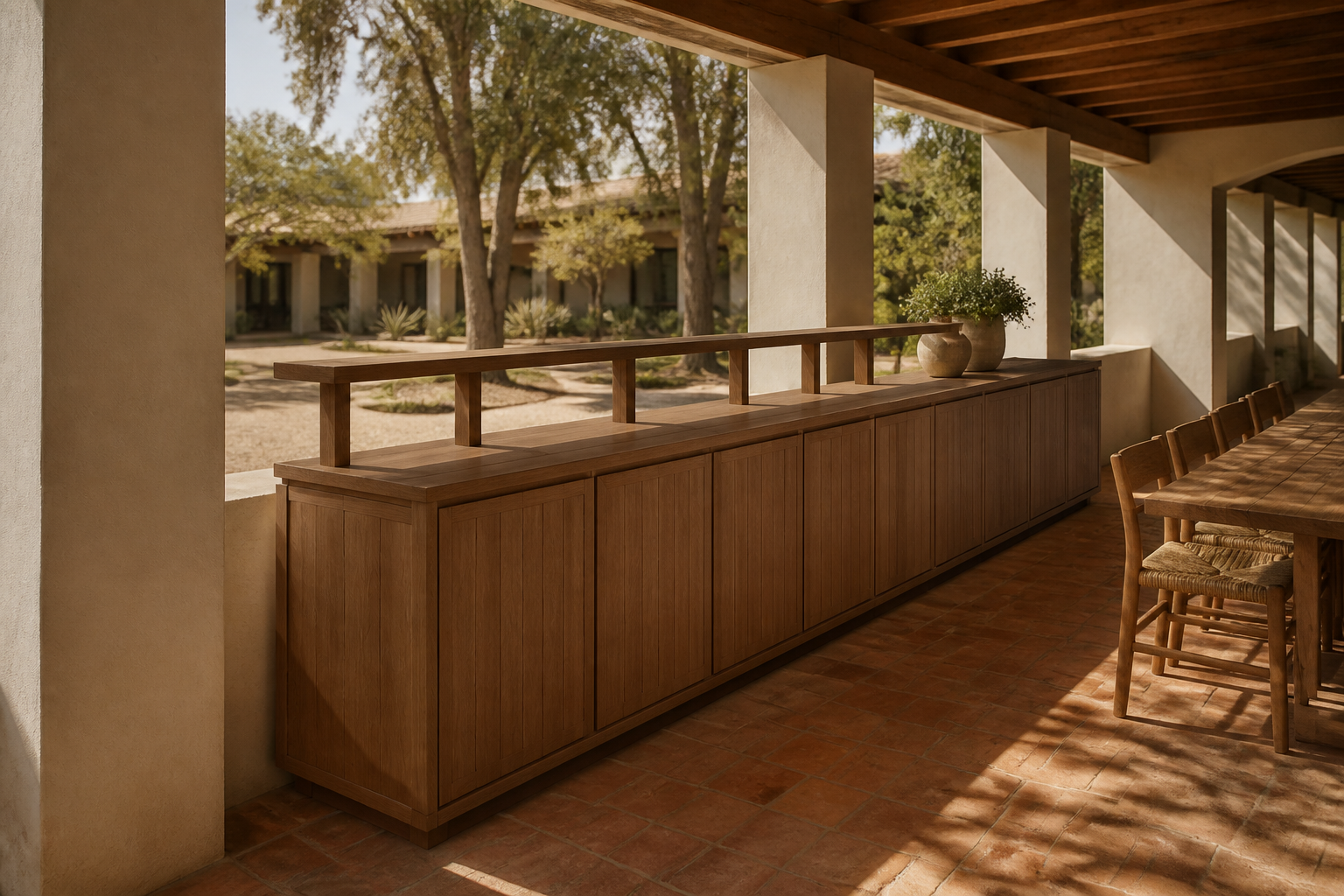 Fadior Soleil Balcony Suite with Lantern Rail Service Credenza — 304 stainless steel balcony system, front view