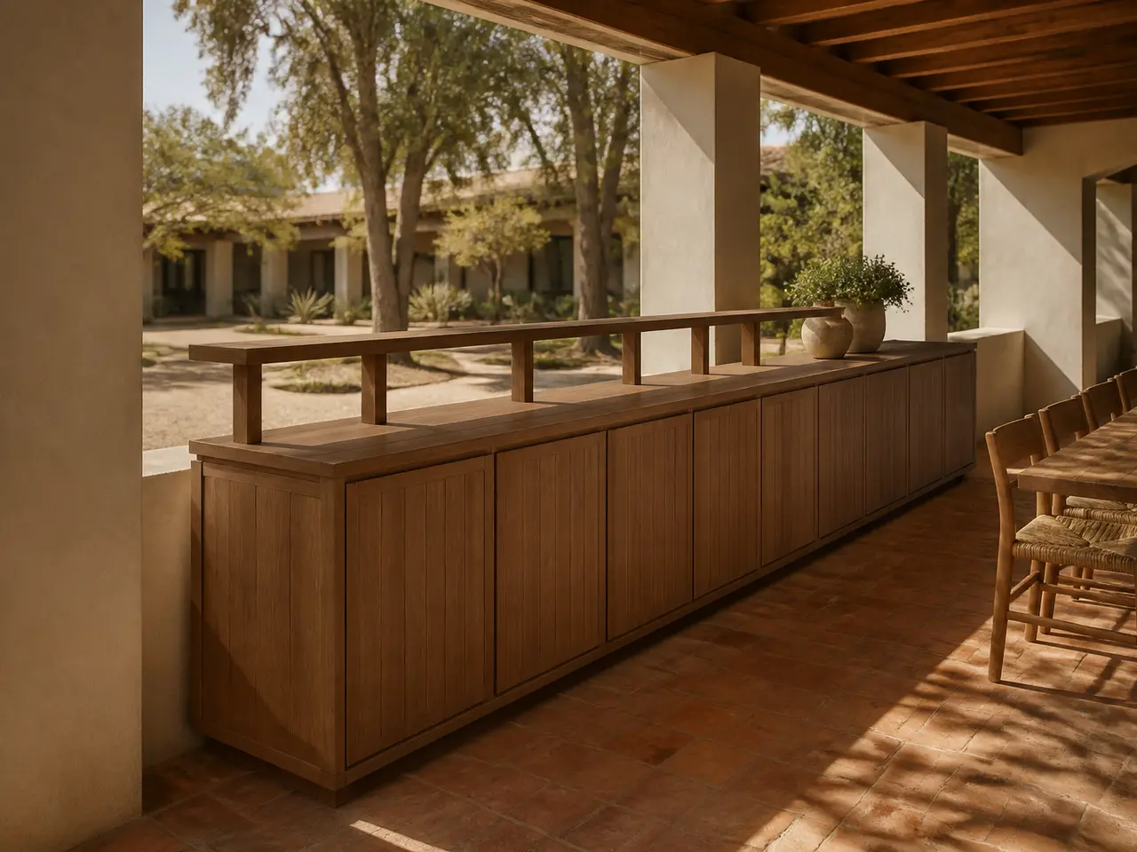 Fadior Soleil Balcony Suite with Lantern Rail Service Credenza — 304 stainless steel balcony system, front view