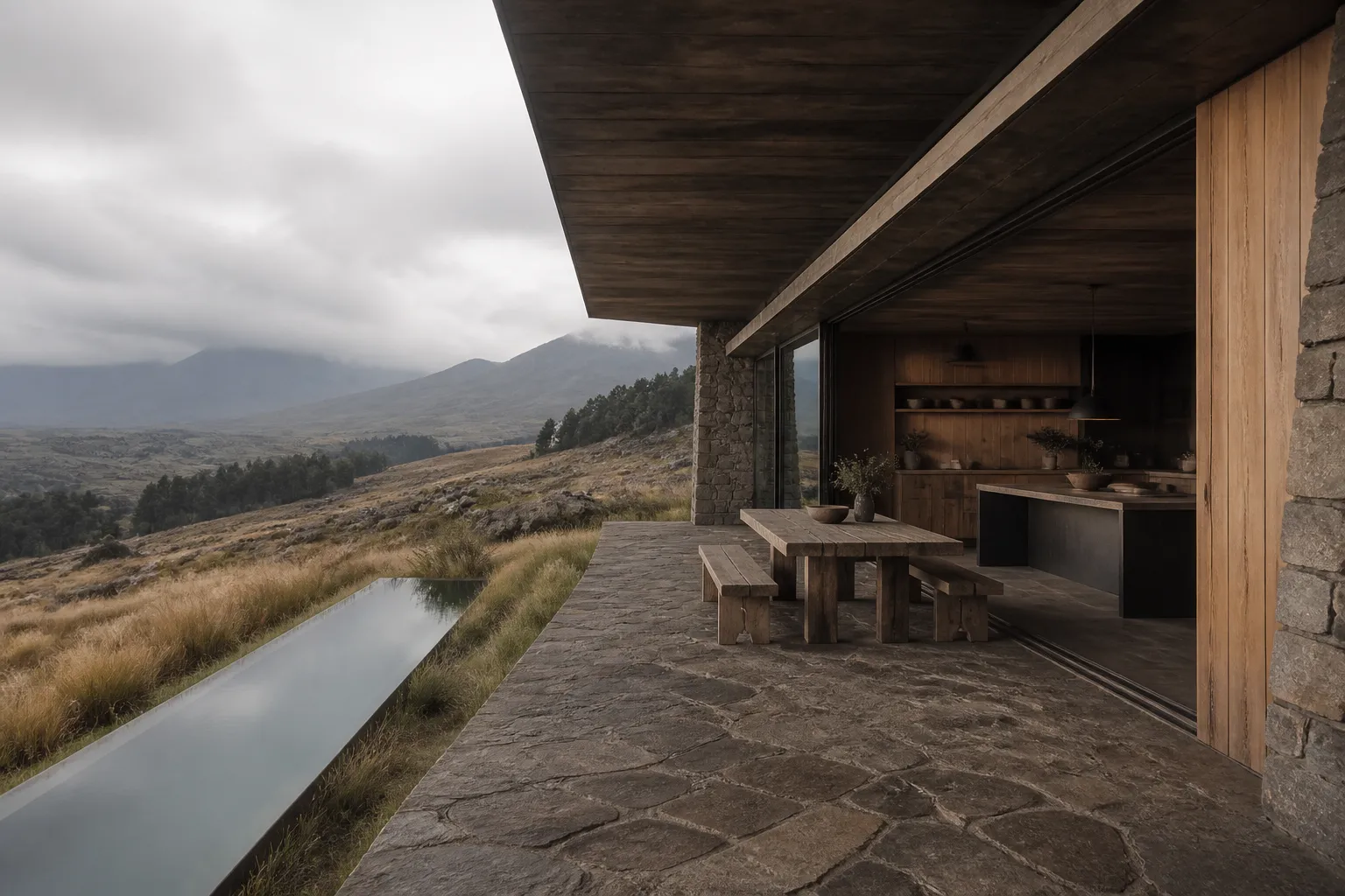 Wide mountain-view family kitchen terrace with rough stone, cedar and oak in soft overcast light