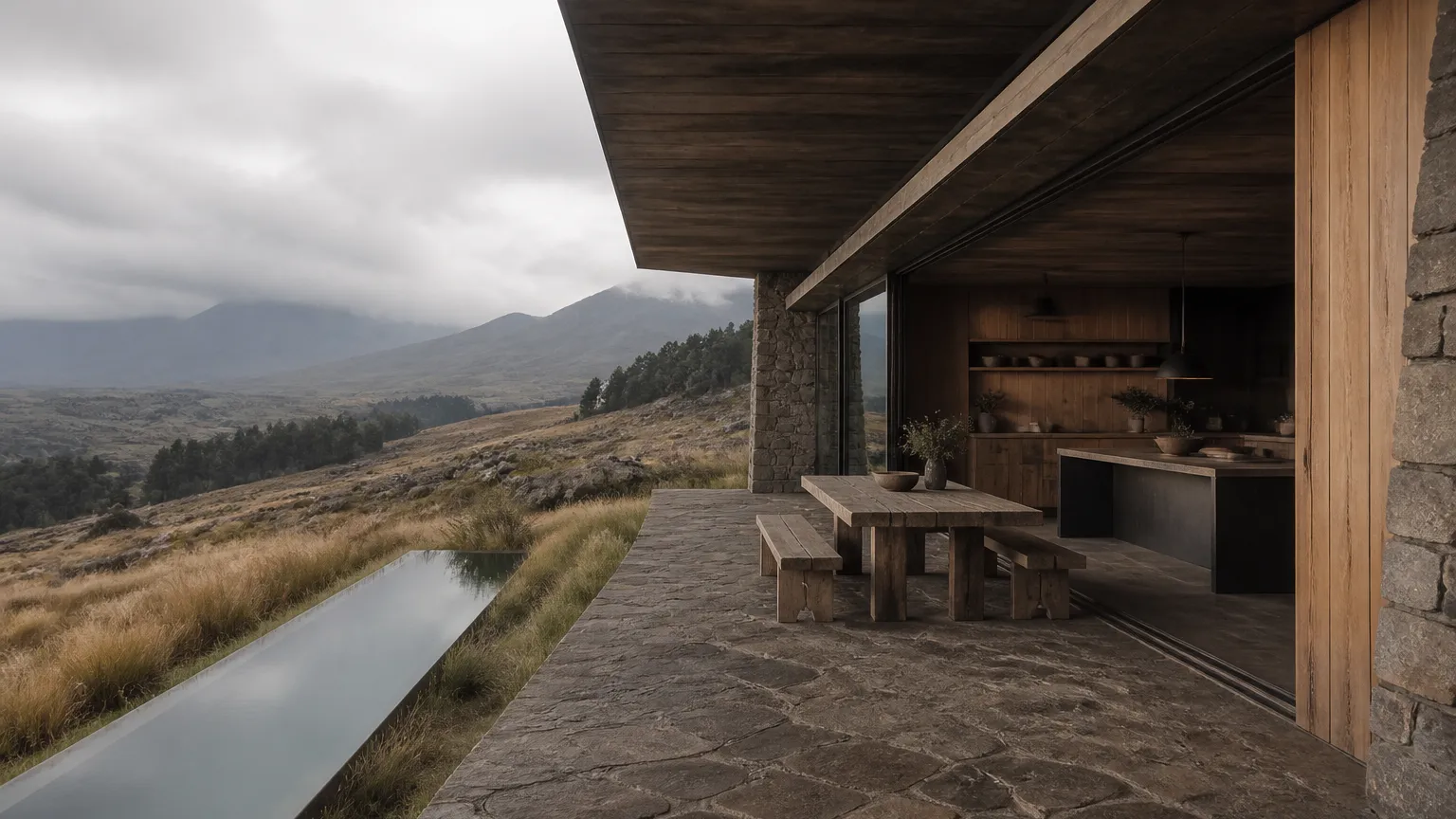 Wide mountain-view family kitchen terrace with rough stone, cedar and oak in soft overcast light