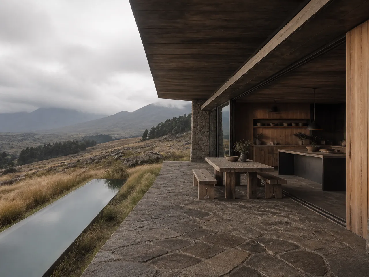Wide mountain-view family kitchen terrace with rough stone, cedar and oak in soft overcast light — 304 stainless steel cabinetry editorial by Fadior