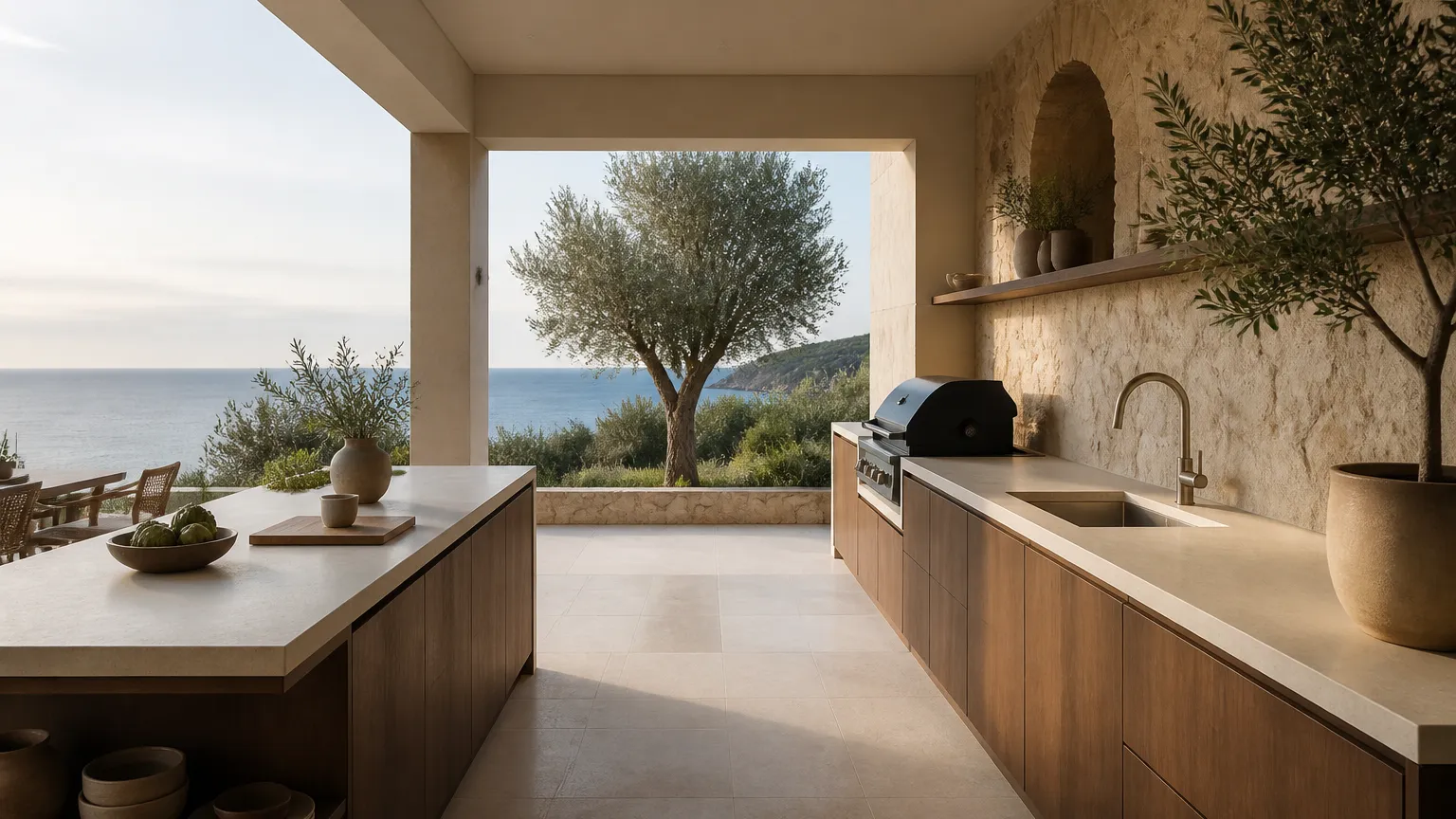 Open-air coastal cooking terrace with a long prep counter, grill and sea-facing dining setting