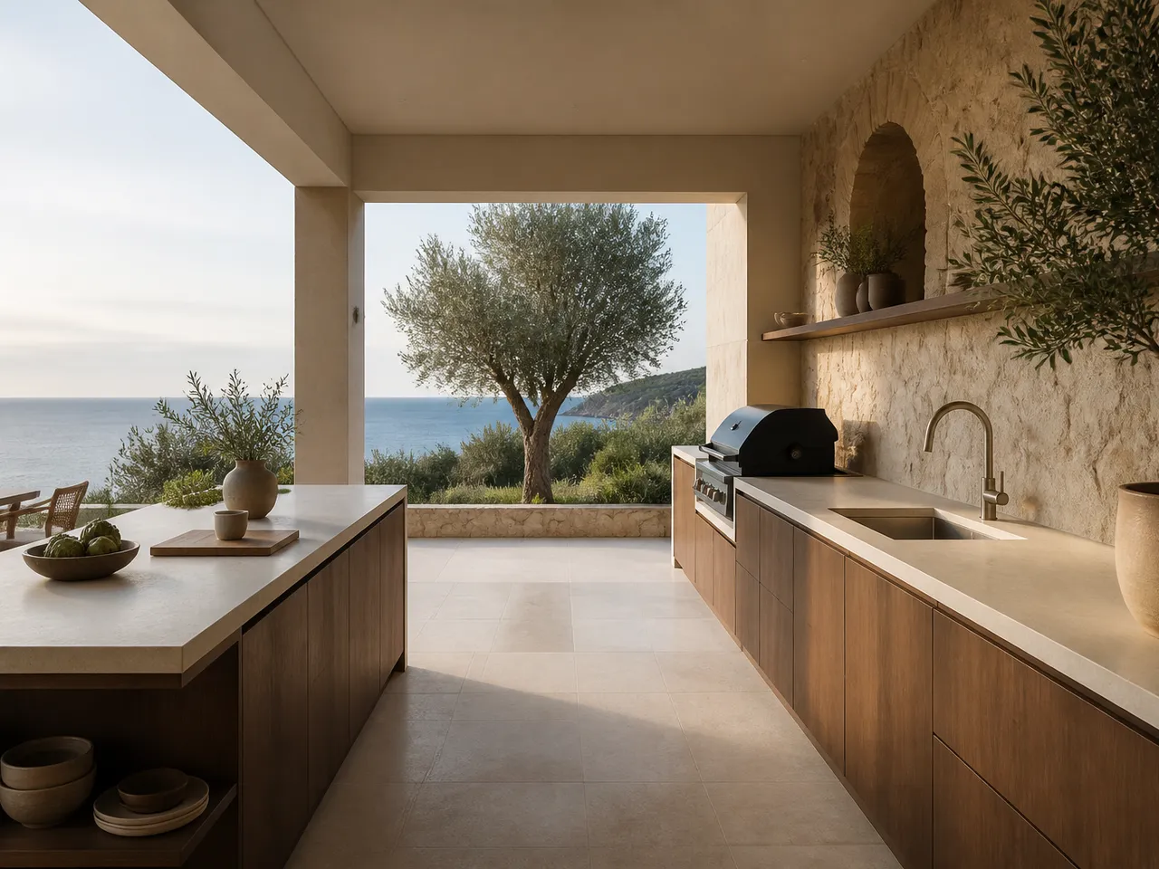 Open-air coastal cooking terrace with a long prep counter, grill and sea-facing dining setting — 304 stainless steel cabinetry editorial by Fadior