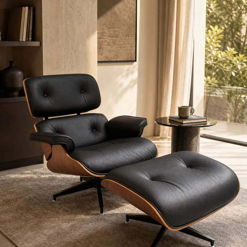 Full-Grain Leather Lounge Chair and Ottoman Set
