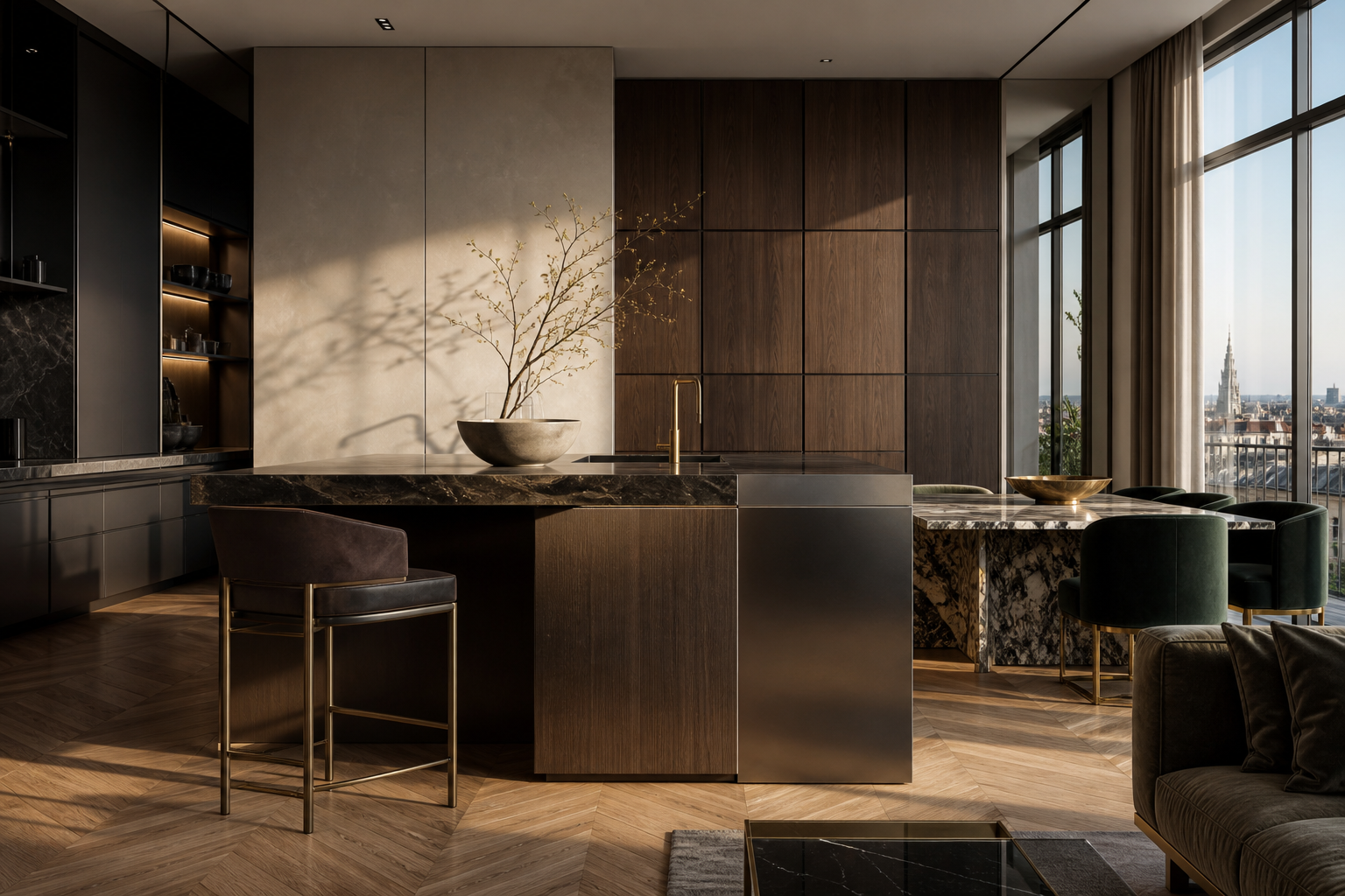 Fadior Milan 200 sqm Kitchen Penthouse — Milan finish study with cabinet face, marble counter edge, wall panel, oak parquet floor, tall window, and chair