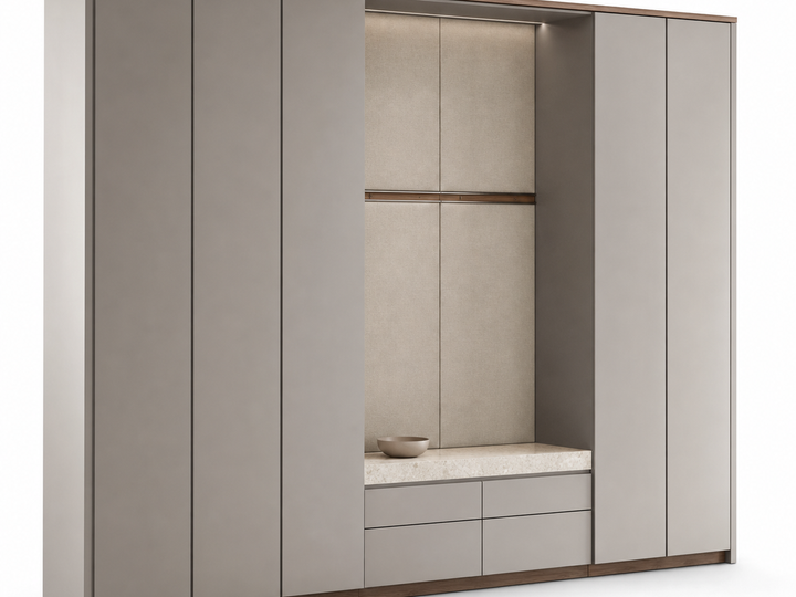 Fadior Savile Entryway Suite with Brushed Pivot Cloak Gallery — 304 stainless steel entryway system, front view