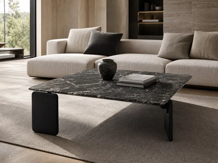 Mesa de centro de mármol con base de madera maciza 1.0×1.0 m