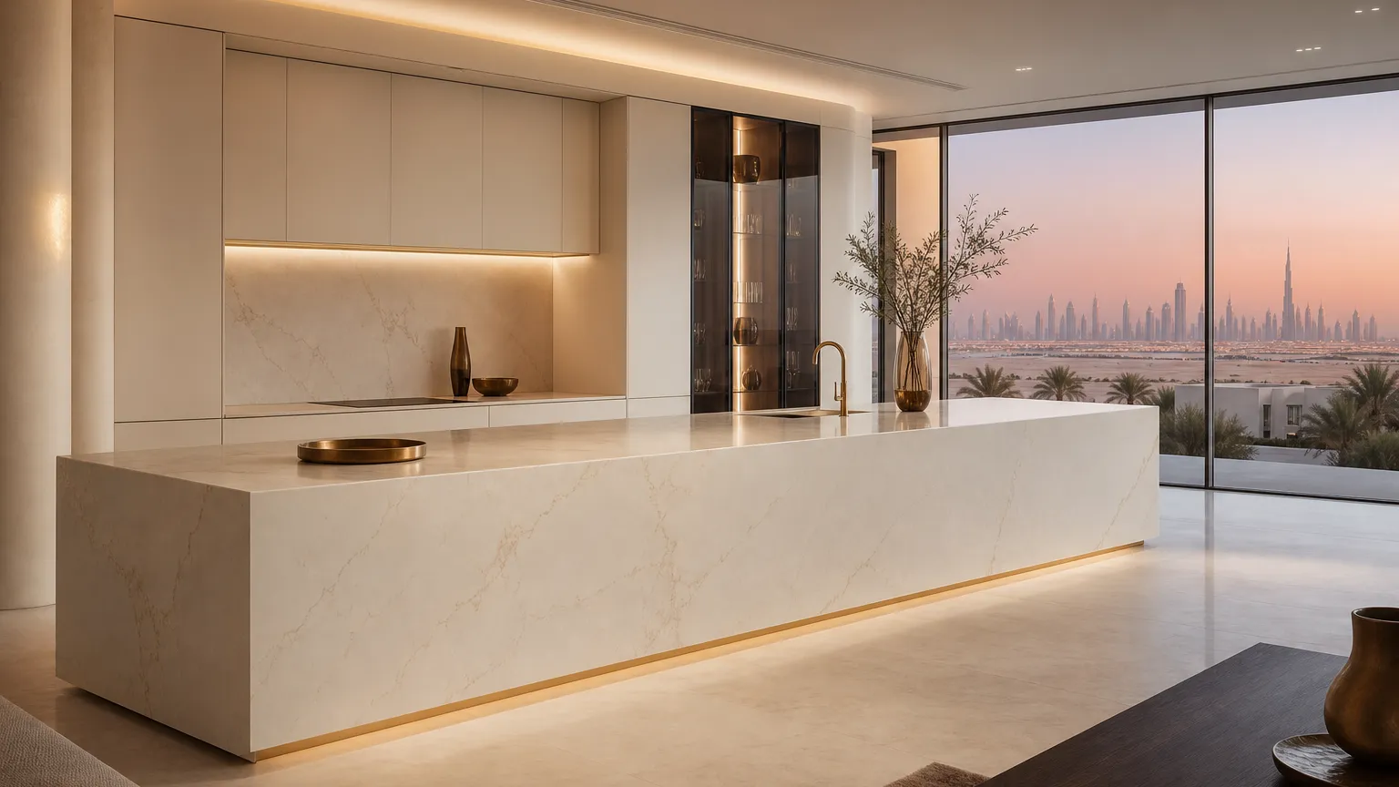 Gulf villa kitchen with pure ivory panels, champagne accents, and panoramic skyline atmosphere.
