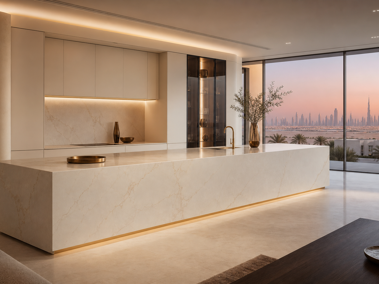 Gulf villa kitchen with pure ivory panels, champagne accents, and panoramic skyline atmosphere. — 304 stainless steel cabinetry editorial by Fadior