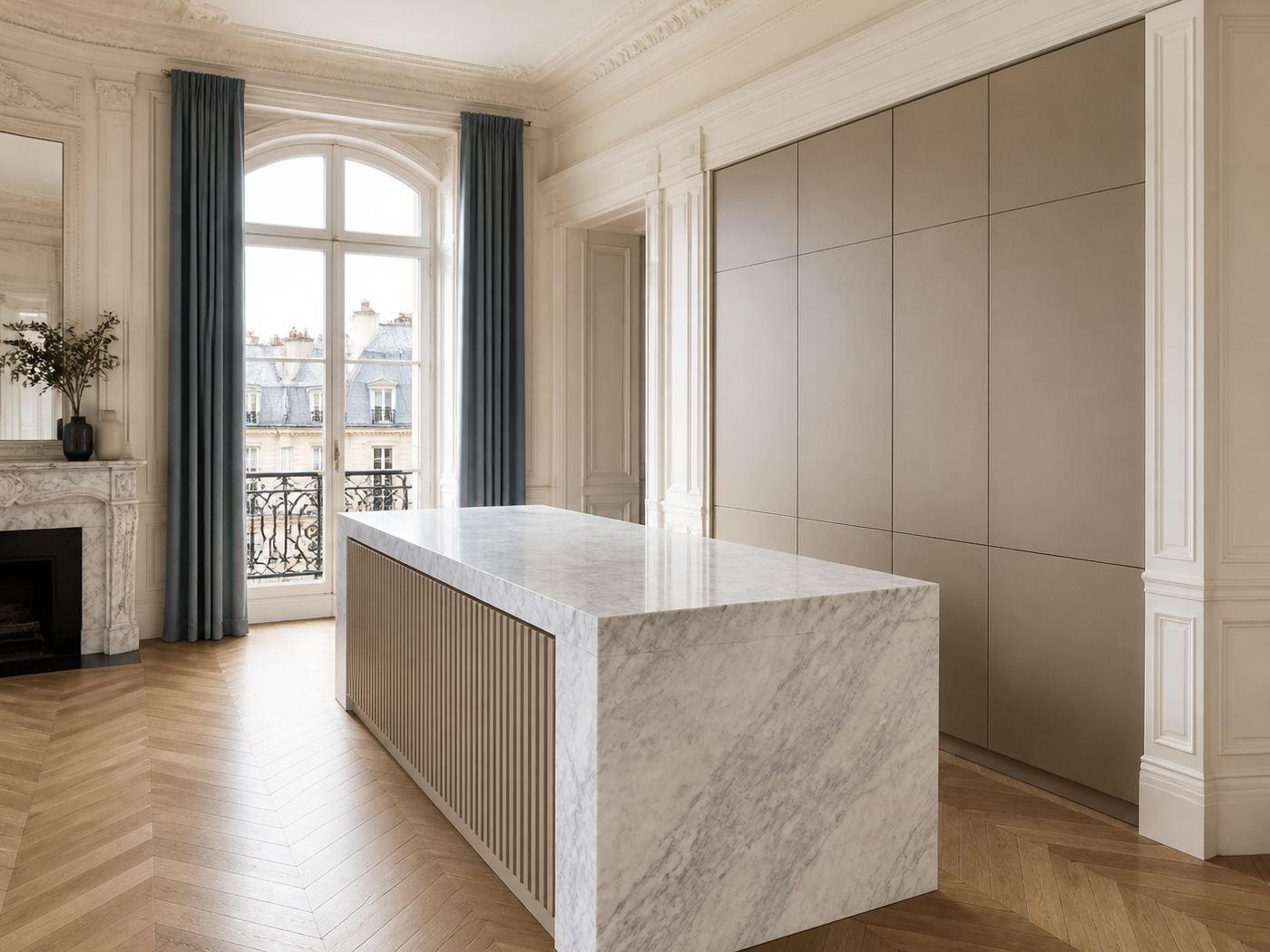 Fadior Solace Kitchen Suite with Sculptural Monolith Island — interior room context showing cabinet integration