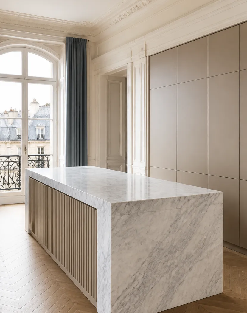 Fadior Solace Kitchen Suite with Sculptural Monolith Island — interior room context showing cabinet integration