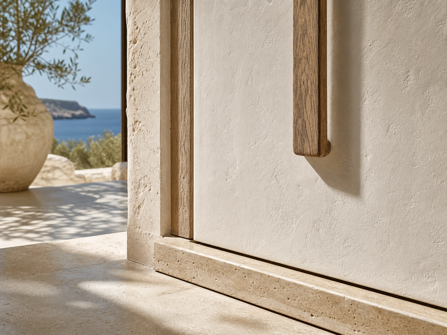 Fadior Alabaster Interior Door Suite with Pale Stone Threshold Door — close-up of stainless steel finish and hardware detail