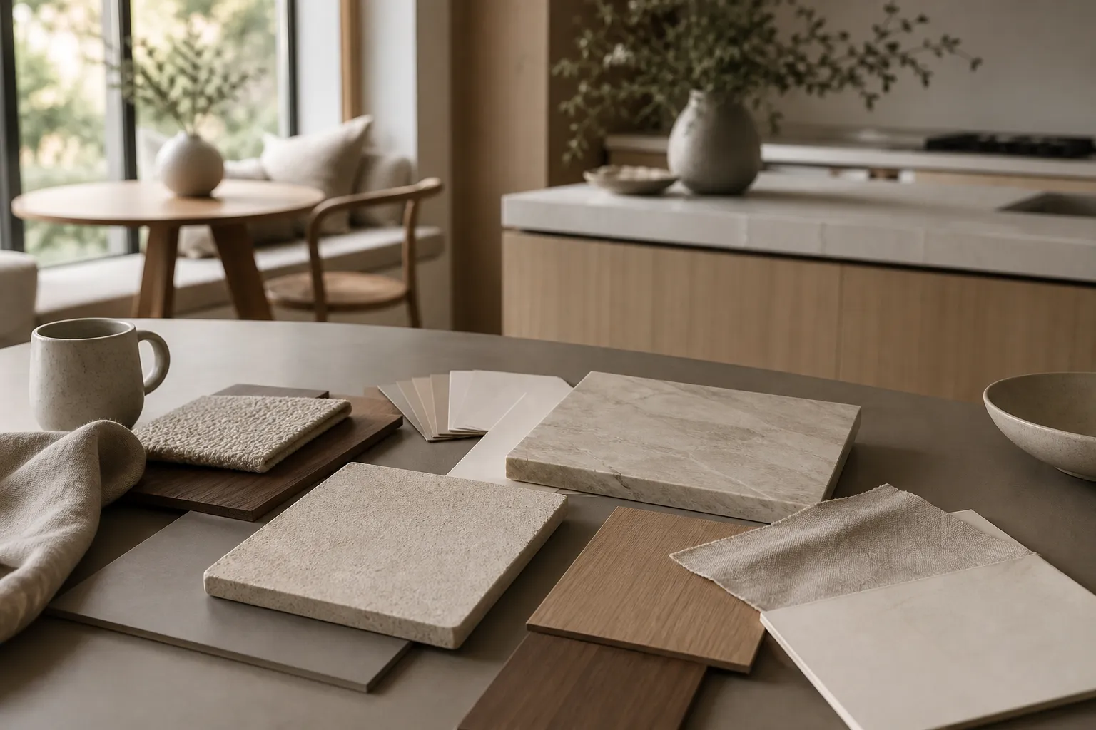 Custom kitchen material mood study with pale stone, warm wood, linen, and neutral finish samples.