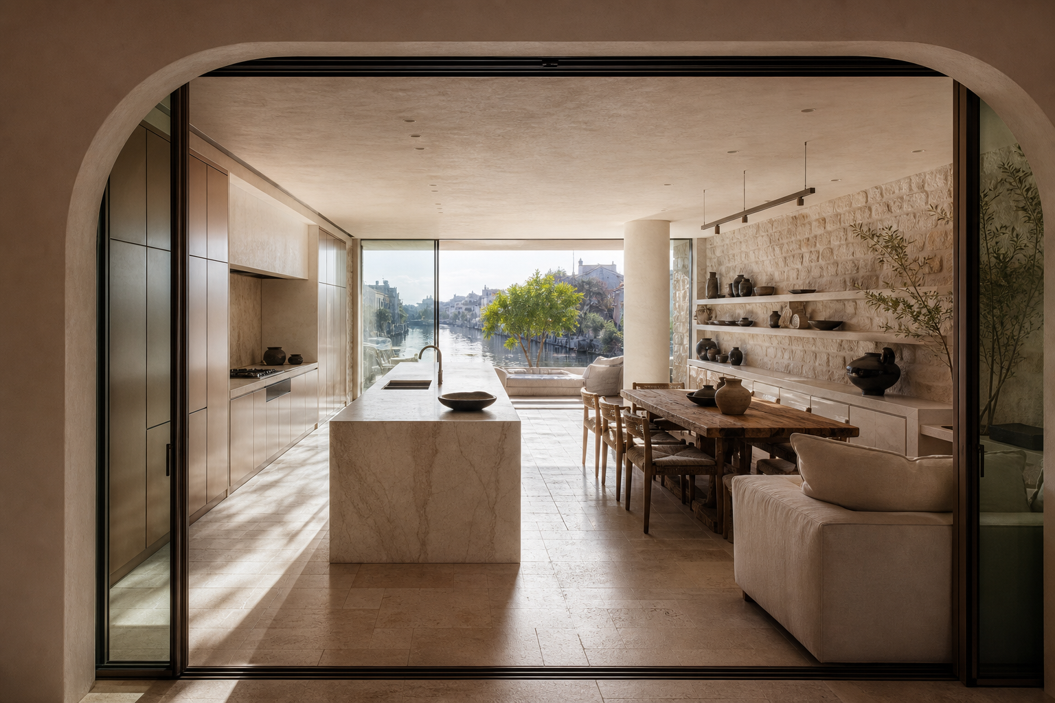 Fadior Hangzhou 220 sqm Kitchen Penthouse — Hangzhou dining table, lounge sofa, kitchen island, pantry wall, sliding door