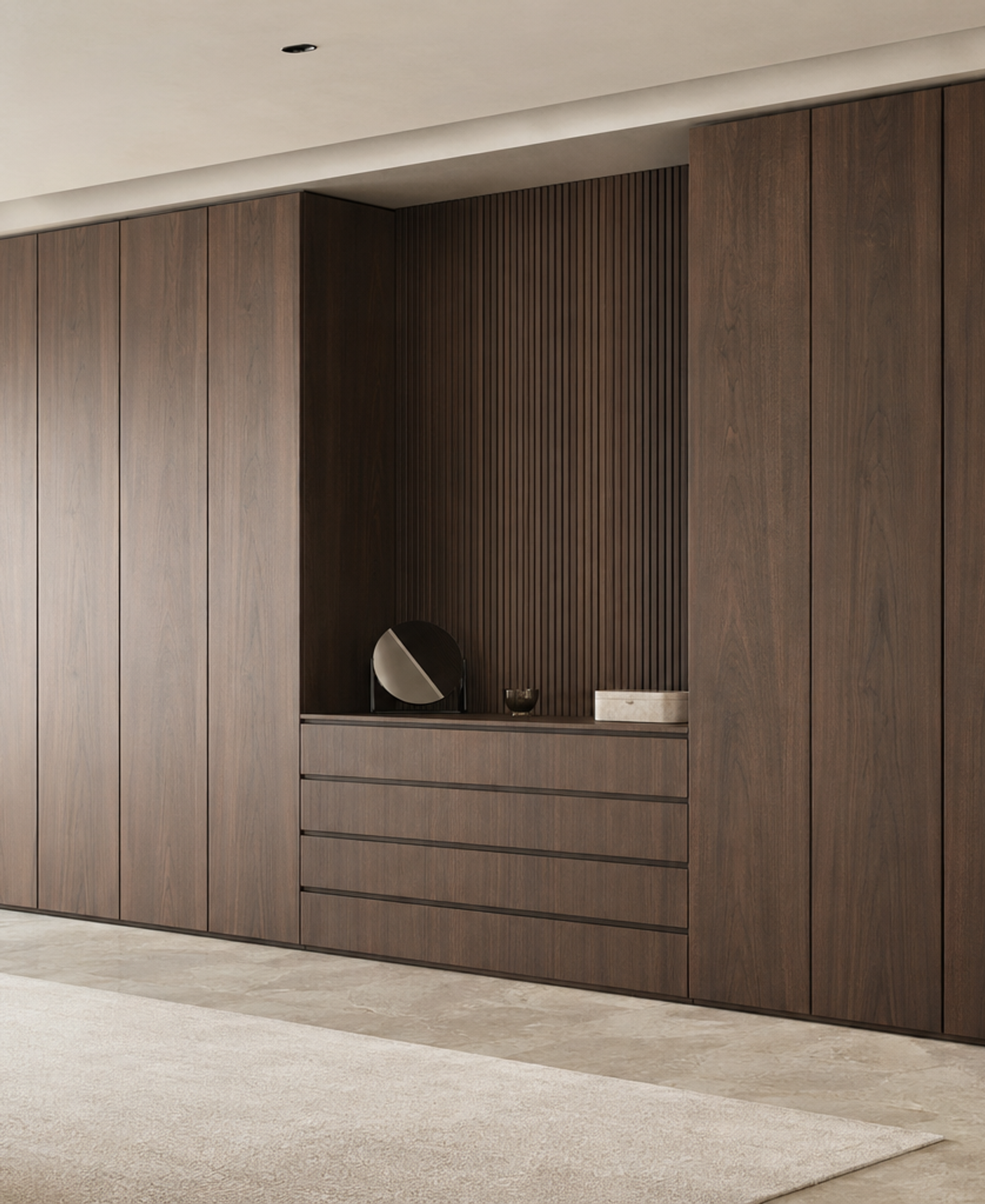 Fadior Onyx Wardrobe Suite with Monolithic Dressing Spine — 304 stainless steel wardrobe system, front view