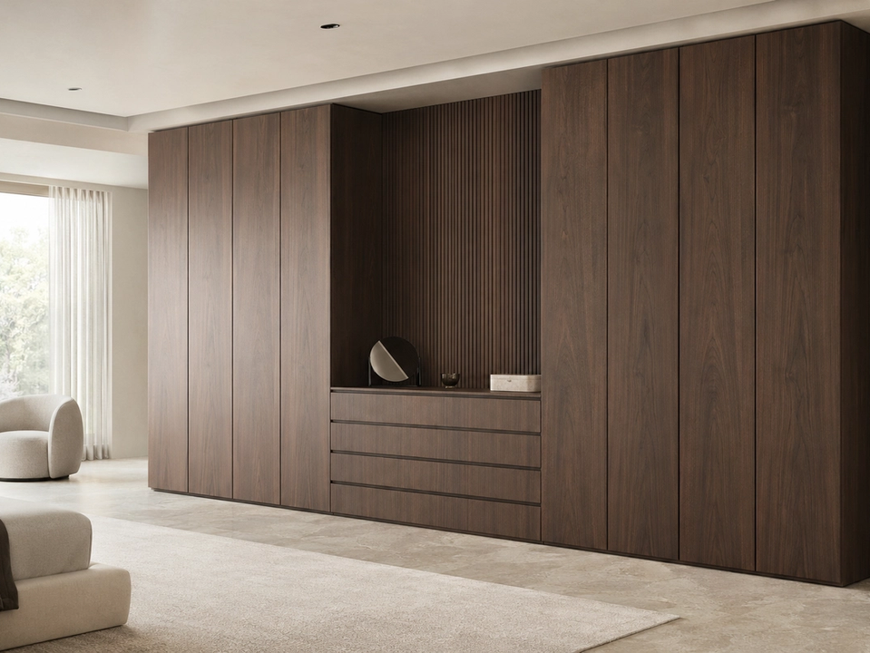 Fadior Onyx Wardrobe Suite with Monolithic Dressing Spine — 304 stainless steel wardrobe system, front view