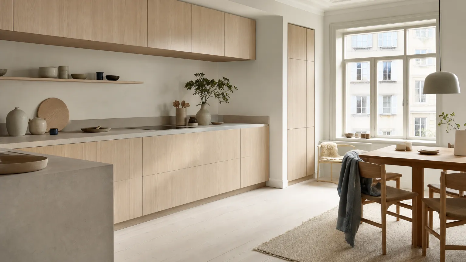 Soft Nordic kitchen showing clean cabinet fronts after routine care.