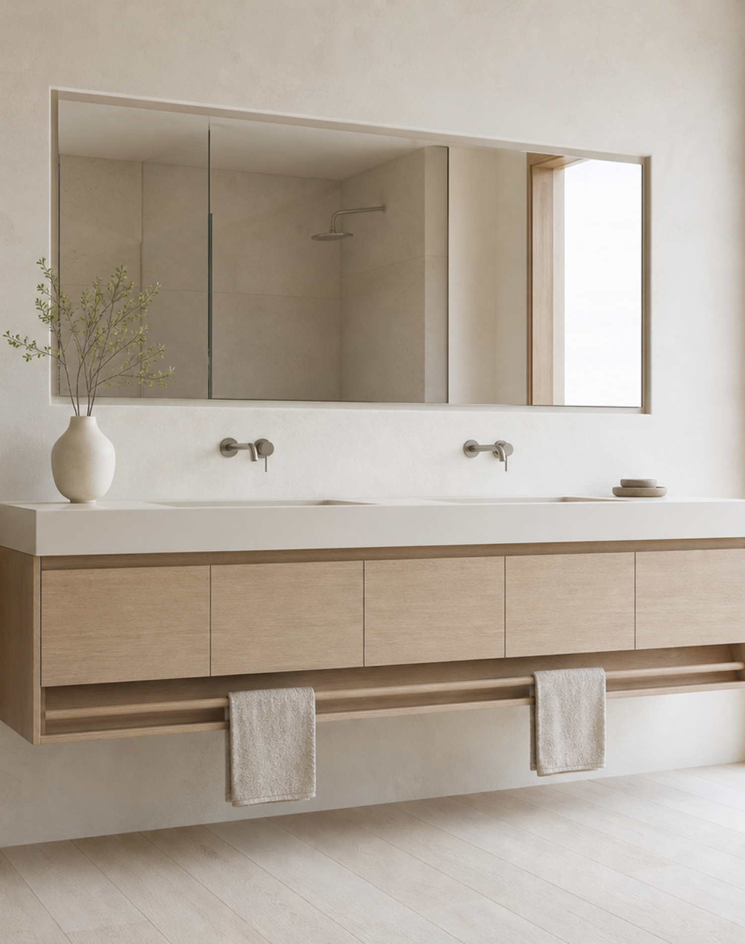Fadior Voyage Bath Vanity Suite with Floating Towel Rail Vanity — interior room context showing cabinet integration