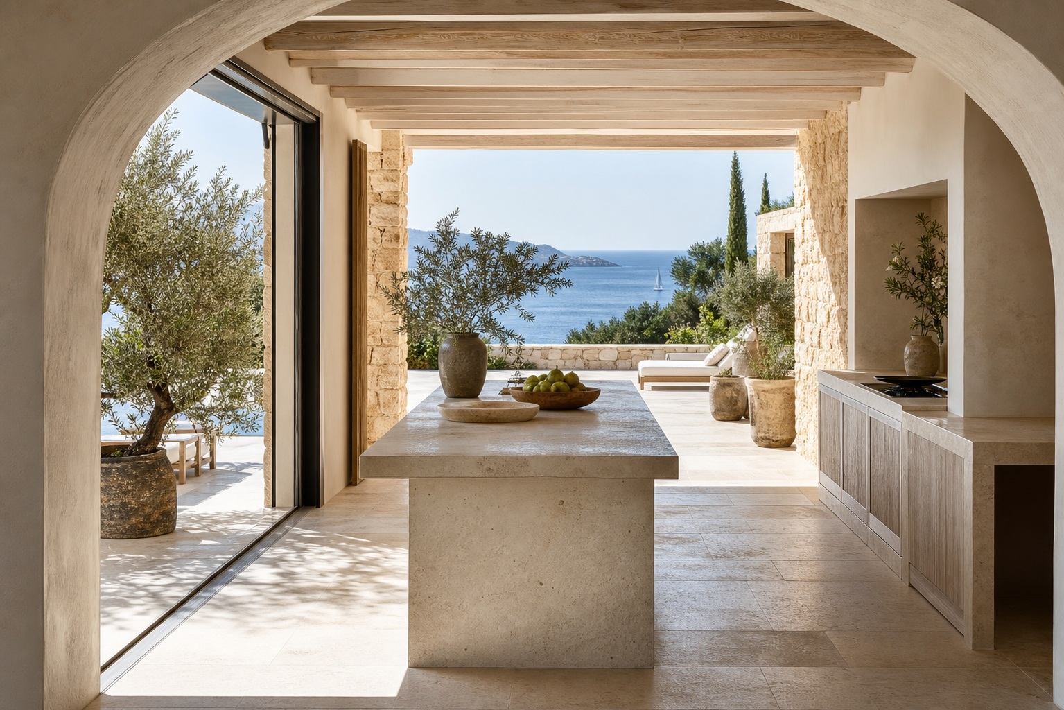 Sunlit Mediterranean-style renovation kitchen with terrace view, pale stone island, and warm wood surfaces for long-term luxury atmosphere. — 304 stainless steel cabinetry editorial by Fadior